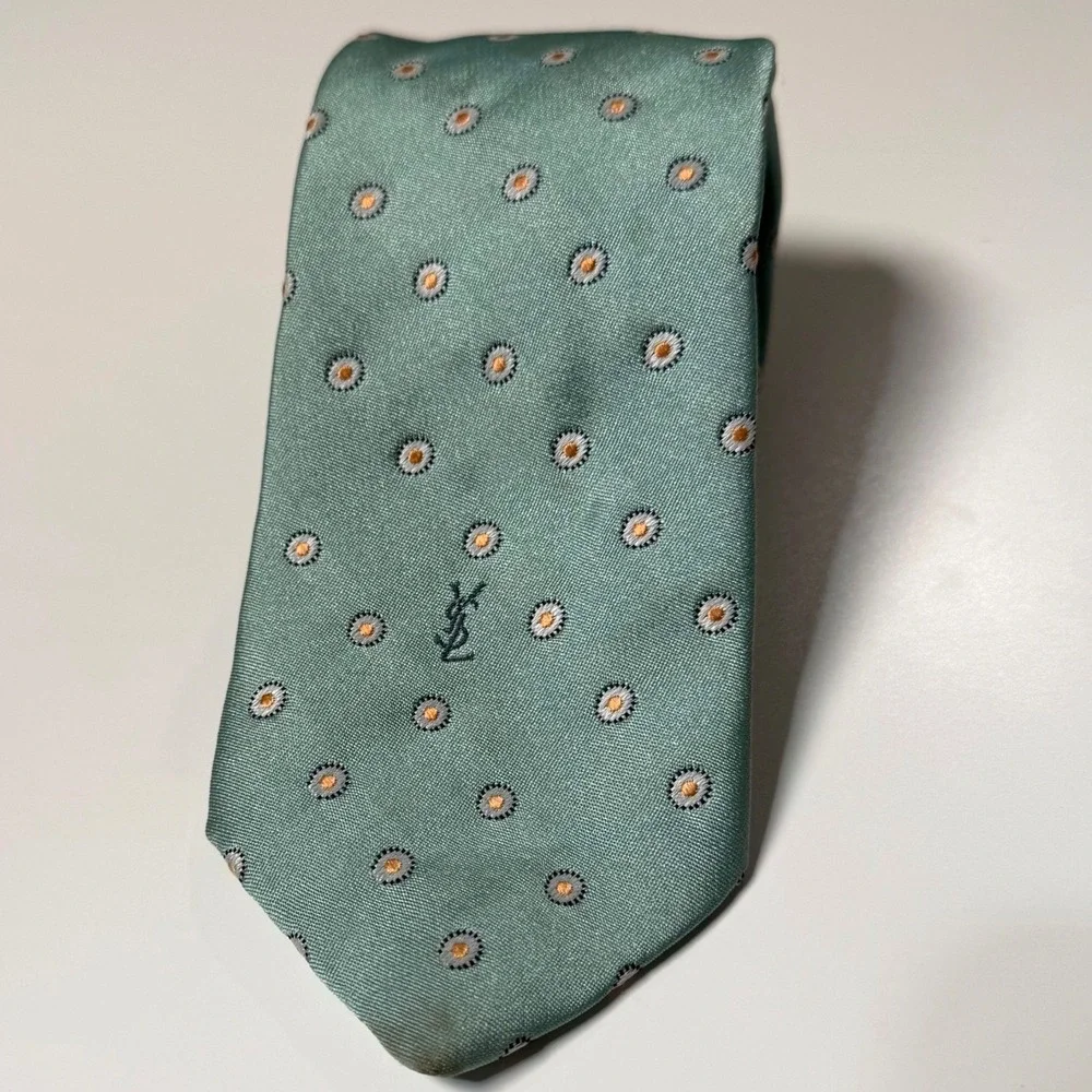 Yves Saint Laurent Tie Mens Green Geometric Medallion YSL Logo